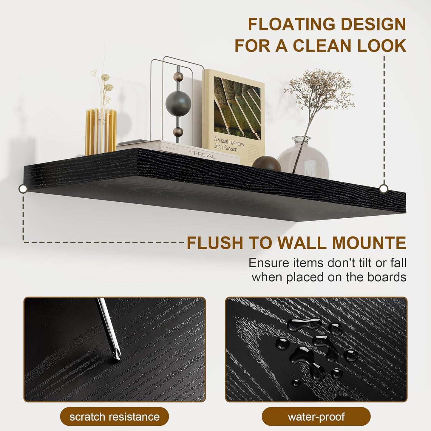 Black Floating Shelves for Wall, 27.5 Inch Bathroom Shelves Set of 2, Rustic Wood Wall Shelf with Invisible Brackets for Books|Storage|Decor, 8 Inch Deep Floating Shelf for Bedroom|Kitchen