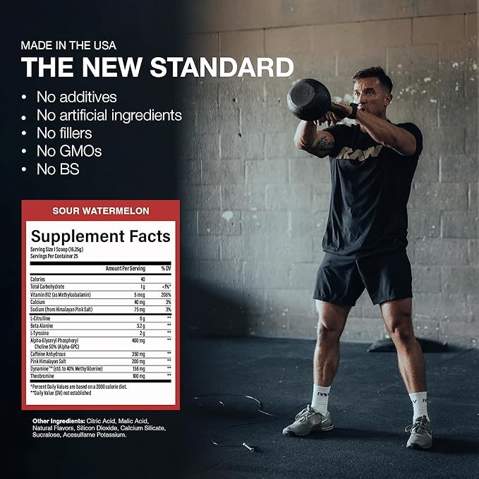 RAW Pre-Workout Powder, Essential CHARGED (Sour Watermelon) - Preworkout Supplement for Men & Women - Supports Focus, Mood & Performance - Caffeine, Alpha-GPC, L-Citrulline, Beta Alanine (25 Servings)