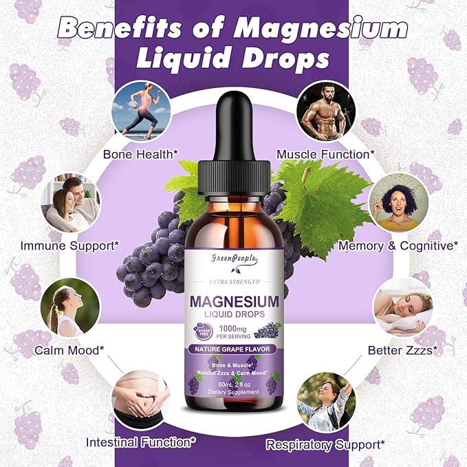 Magnesium Glycinate Liquid Drops - 1000mg 5-in-1 High Absorption Liquid Magnesium for Sleep with D3/K2/B6 | Fast-Acting, Bone, Muscle & Sleep | Sugar-Free Grape Flavor, 2fl Oz