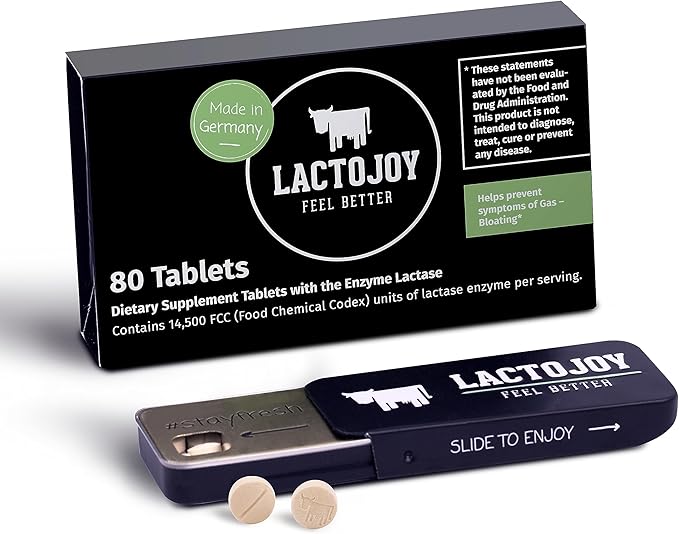 LactoJoy Lactase Pills 14,500 I 80 Pieces I Powerful Lactase Enzymes for Lactose Intolerance I Ultra Pure Lactase for Improved Digestion I No Silicon Dioxide, No Artificial Flavors, No Sucralose