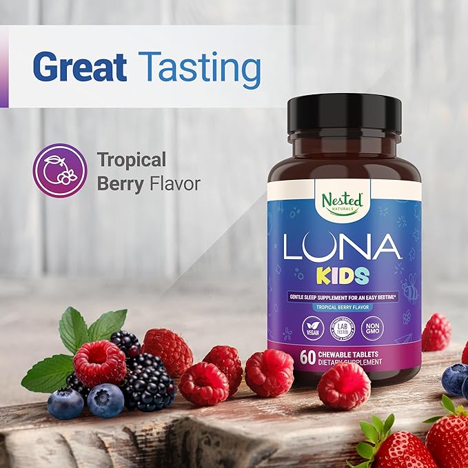 Nested Naturals Luna Kids Sleep Aid Tablets for Children 4+ - Naturally Sourced Ingredients - Gentle, Herbal Supplement with Chamomile, Melatonin, Valerian & Lemon Balm - 120 Chewable Tablets