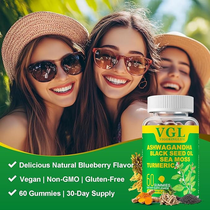 Ashwagandha Gummies, Sea Moss, Black Seed Oil, Turmeric, Manuka Honey, ACV, Dandelion, Black Pepper, Burdock, Bladderwrack, Blueberry Flavor, Vegan, Gluten-Free, Non-GMO, 60 Count