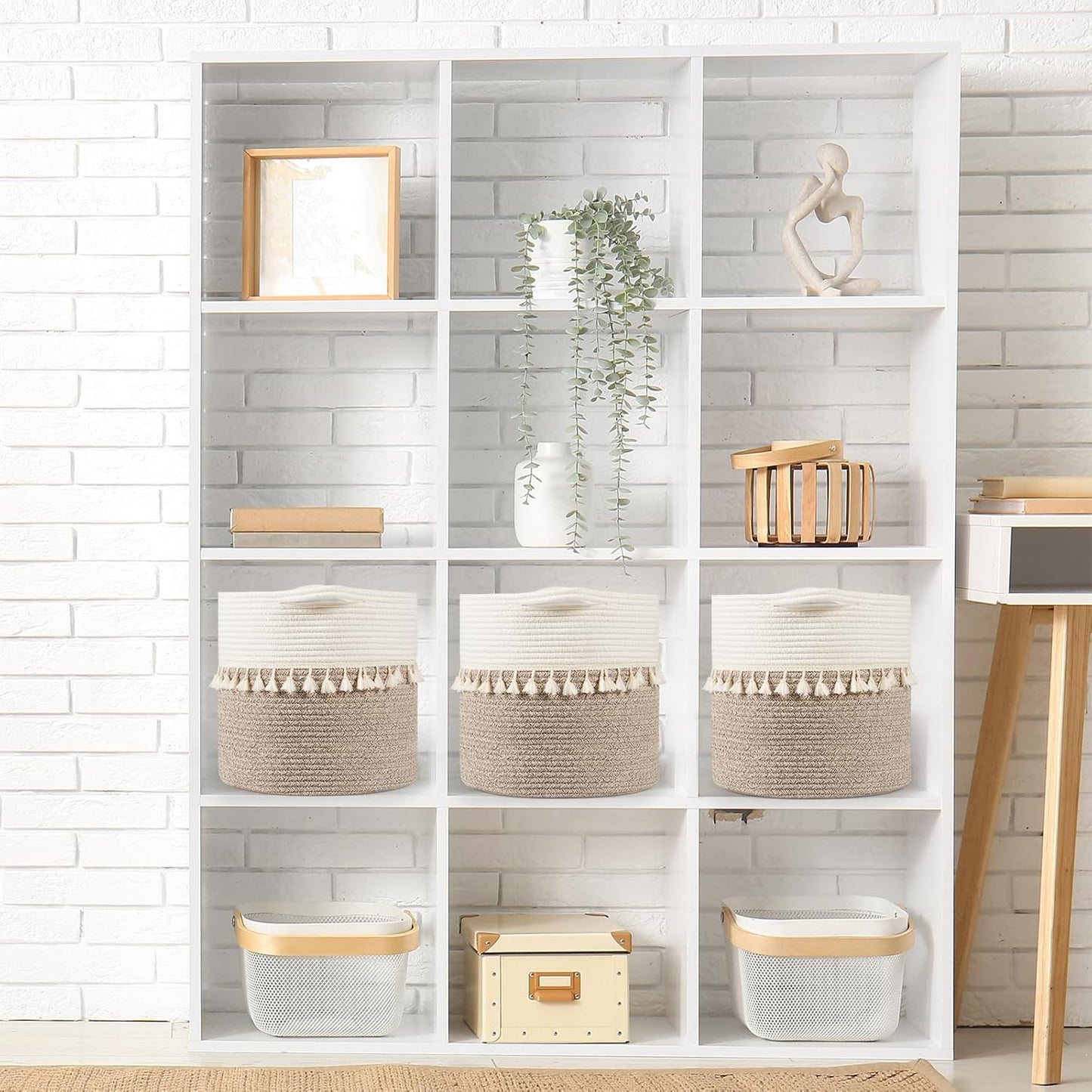 danpinera 11 Inch Storage Baskets Set of 3, Cotton Woven Baskets for Storage with Strong Handles & Stylish Tassel, Storage Bins, Decorative baskets for shelves, Nursery, Laundry, White & Mixed Brown