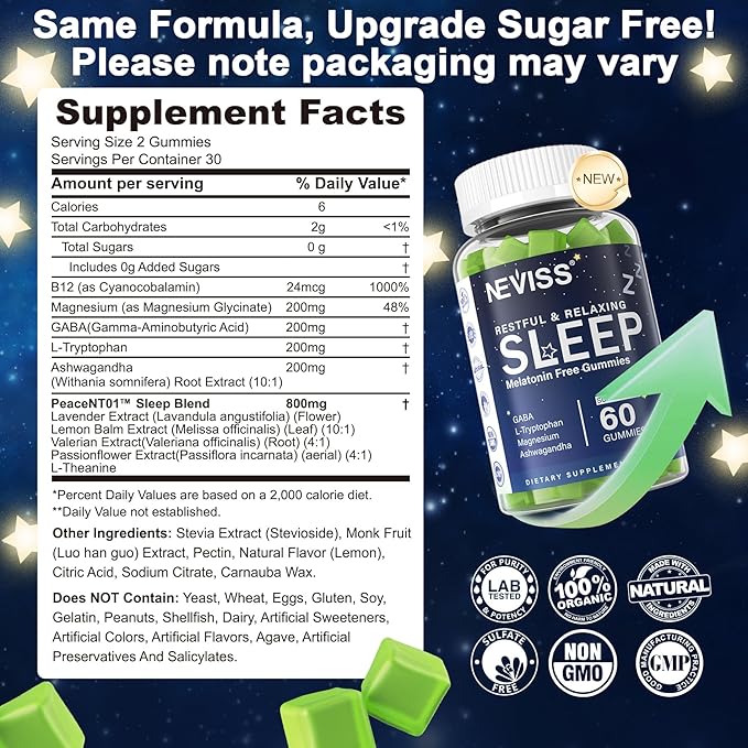 NEVISS Melatonin Free Sleep Aid Gummies for Adults - Magnesium Glycinate Gummies | GABA, L-Tryptophan, Magnesium, Ashwagandha - Non-Habit Forming, Help for Deep Relaxation - Vegan, Lemon Flavor, 1Pack