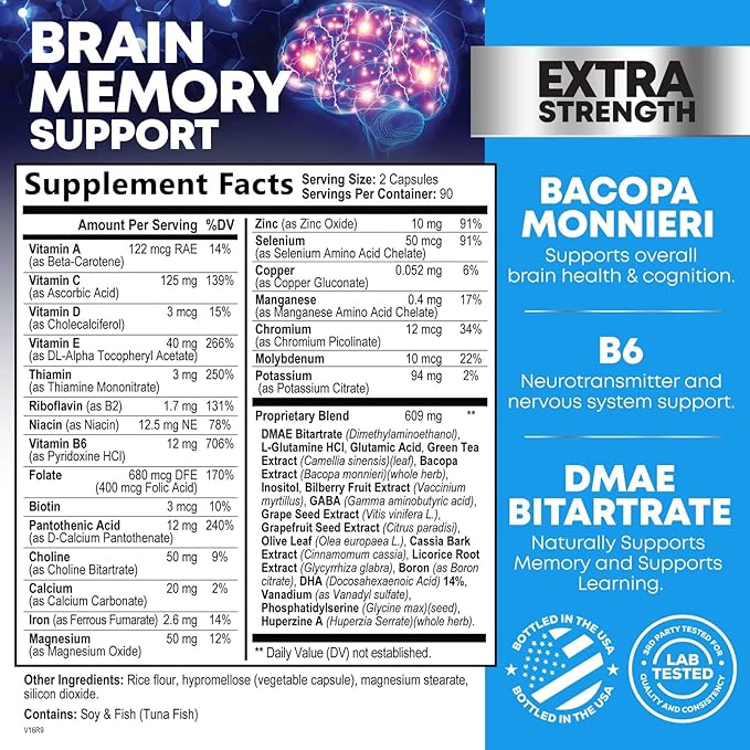 Brain Memory Supplement Pills - Nootropics Support for Concentration, Clarity, Alertness & Focus - Brain Health with Bacopa, Cognitive Vitamins, Phosphatidylserine, DMAE - Brain Booster - 180 Capsules