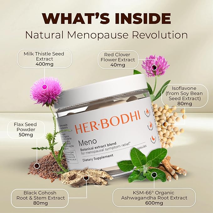Meno- Menopause Hormonal Balance for Women, Estrogen Soy Isoflavones Menopause Supplement for Women, Holy Basil, Ashwagandha, Black Cohosh Hot Flashes Menopause Relief (60 Capsules)