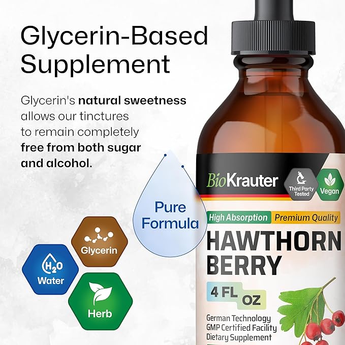 BIO KRAUTER Hawthorn Berry Extract Tincture - Natural Hawthorne Berry Supplement - 100% Pure Formula - Vegan Sugar & Alcohol Free - 4 Fl. Oz. - 56 Day of Supply