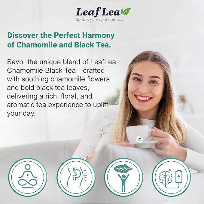 LeafLea Chamomile and Black Tea Blend, Chamomile Tea Bags, Black Tea & Pure Camomile Flowers, Manzanilla Tea Bags Stress Relief, Vegan, Supports Digestion, Ideal Wellness Gift Box | 80 Bags