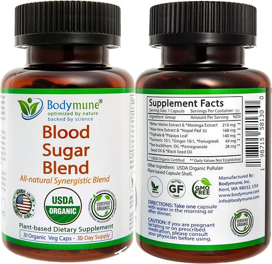 USDA Organic Blood Sugar Blend | Supports Healthy Metabolism* | with Bitter Melon, Moringa, Aloe Vera, Nopal, Papaya Extracts & More | 30-Day Supply | Vegan & Non-GMO | USA-Made