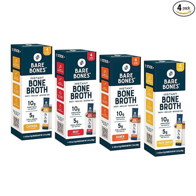 Bare Bones Bone Broth Instant Powdered Mix | 4 Beef 4 Chicken 4 Ramen 4 Lemon Ginger | Non-GMO Gluten-Free Dairy-Free Keto & Paleo Friendly | 15g Sticks 10g Protein | Variety Pack | 16 Pack