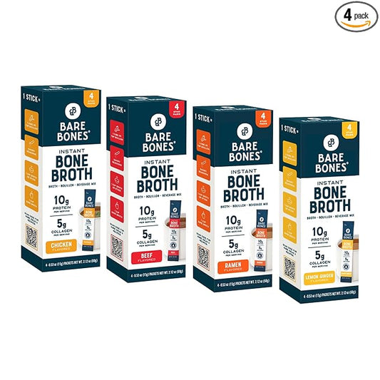 Bare Bones Bone Broth Instant Powdered Mix | 4 Beef 4 Chicken 4 Ramen 4 Lemon Ginger | Non-GMO Gluten-Free Dairy-Free Keto & Paleo Friendly | 15g Sticks 10g Protein | Variety Pack | 16 Pack