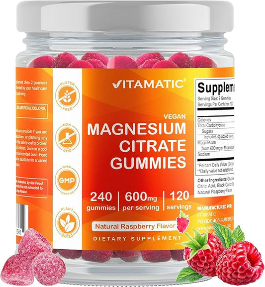Vitamatic Magnesium Citrate Gummies 600mg per Serving - 240 Vegan Gummies - Natural Raspberry Flavor - High Absorption Magnesium Supplement - Supports Nerve, Bone and Muscle Health