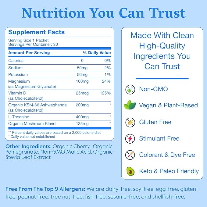 Nectar Calm Magnesium Glycinate Drink Mix - Sugar Free & Zero Calorie - with Organic Ashwagandha, Vitamin D, L-Theanine, Hydrating Electrolytes - Relax, Focus & Calm (Cherry Pomegranate 30 Sticks)