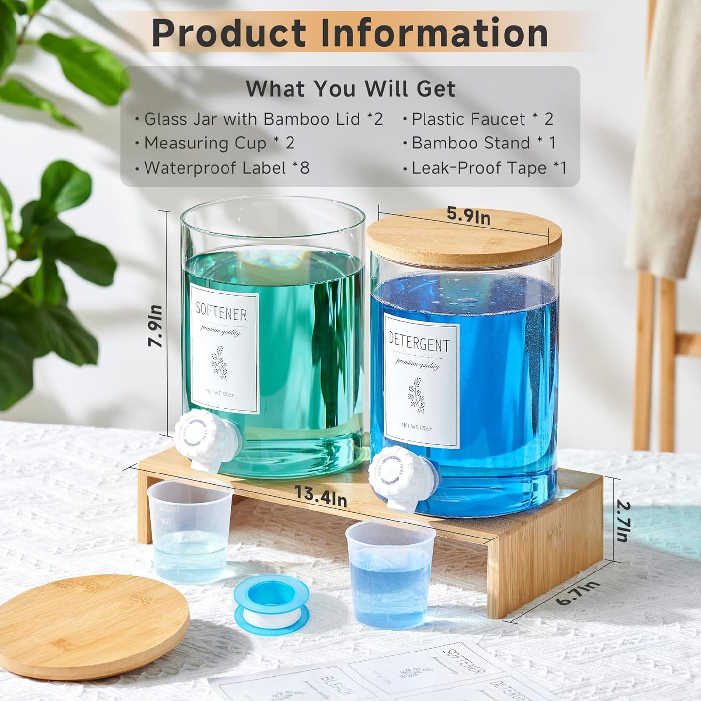 Glass Laundry Detergent Dispenser with Shelf & Bamboo Lid - 120 Oz Liquid Detergent, Laundry Soap & Fabric Softener Dispenser for Laundry Room Organization and Storage with 2 Cups & 8 Labels