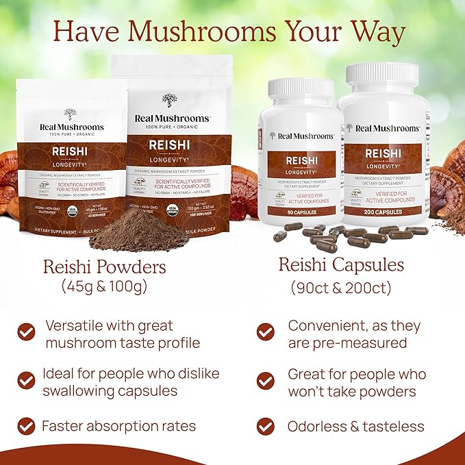 Real Mushrooms Reishi Mushroom Powder - Handpicked Organic Mushroom Extracts - Red Reishi for Tranquil Daily Wellness with Verified Beta Glucans Vegan, Non-GMO, No Grain Fillers, 100 Servings