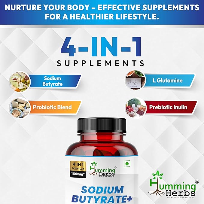 Sodium Butyrate 1100mg per Serving – 120 Capsules with– L-Glutamine, Prebiotic Inulin, Probiotic Blend