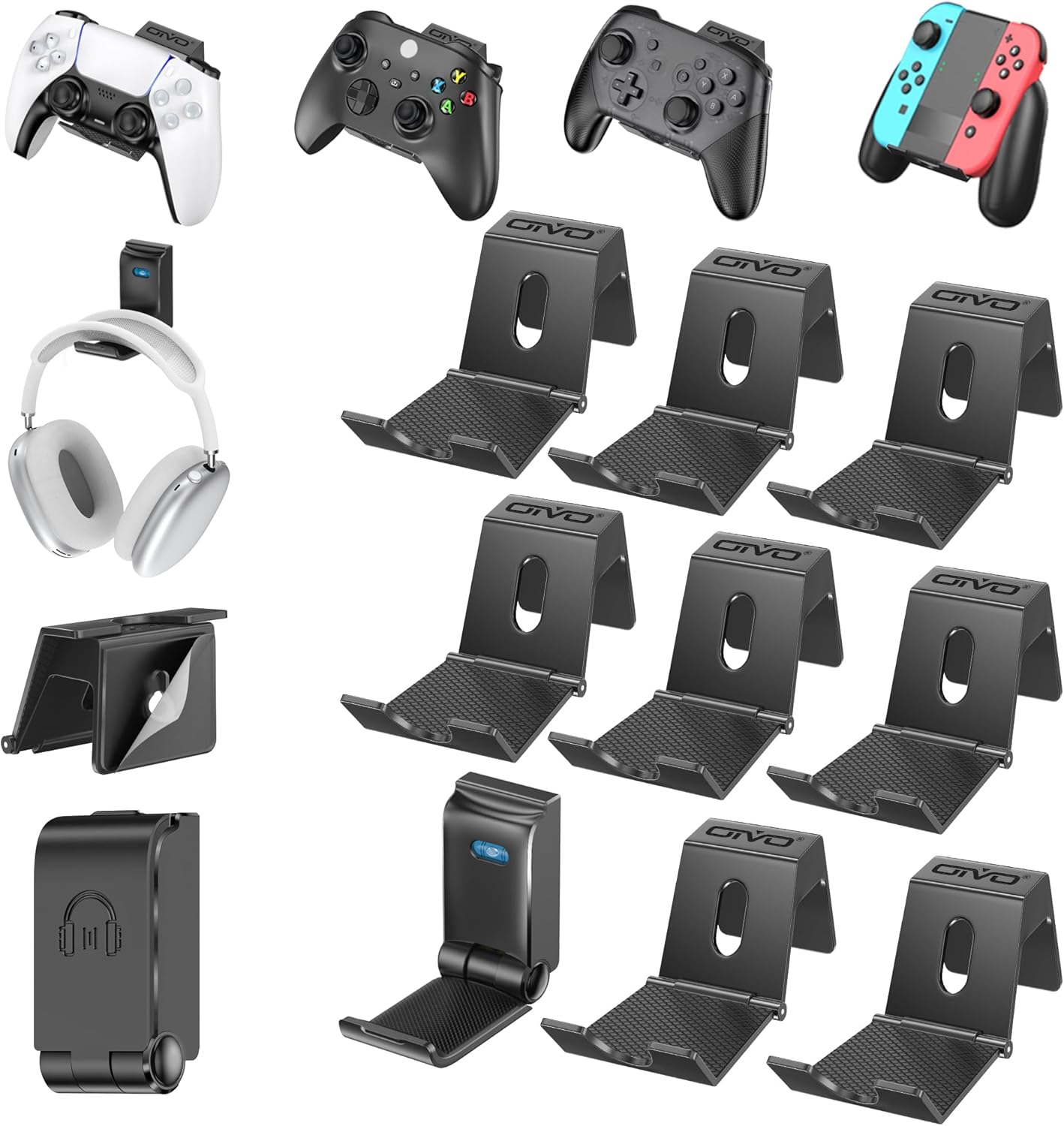 OIVO Controller & Headset Wall Mount Holder Stand, Foldable Headphone Stand, Gaming Controller Holder Hanger Hook, Universal Storage Organizer Controller/Earphone/Game Accessories-9 Packs
