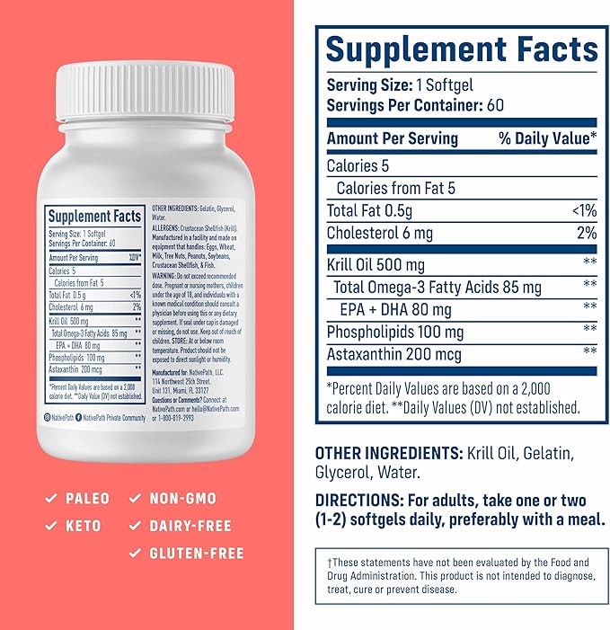 NativePath Antarctic Krill Oil - Wild-Caught Omega 3 Krill Oil 500mg Softgels with EPA, DHA and Astaxanthin - Supplement for Joint, Heart, Brain and Immunity - 60 ct - No Fishy Aftertaste
