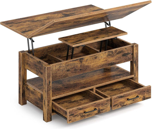 Rolanstar Coffee Table Lift Top, Multi-Function Convertible Coffee Table with Drawers and Hidden Compartment, Converts to Dining Table for Living Room, Home Office, Rustic Brown