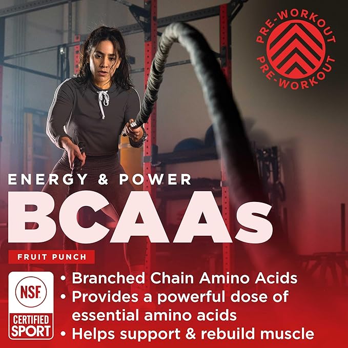 Gnarly Nutrition BCAA Powder, Fruit Punch – Pre-Workout BCAAS Amino Acids – NSF Sport Certified – Supplement to Support and Rebuild Muscle – Fruit Punch with Caffeine, 10.58 oz