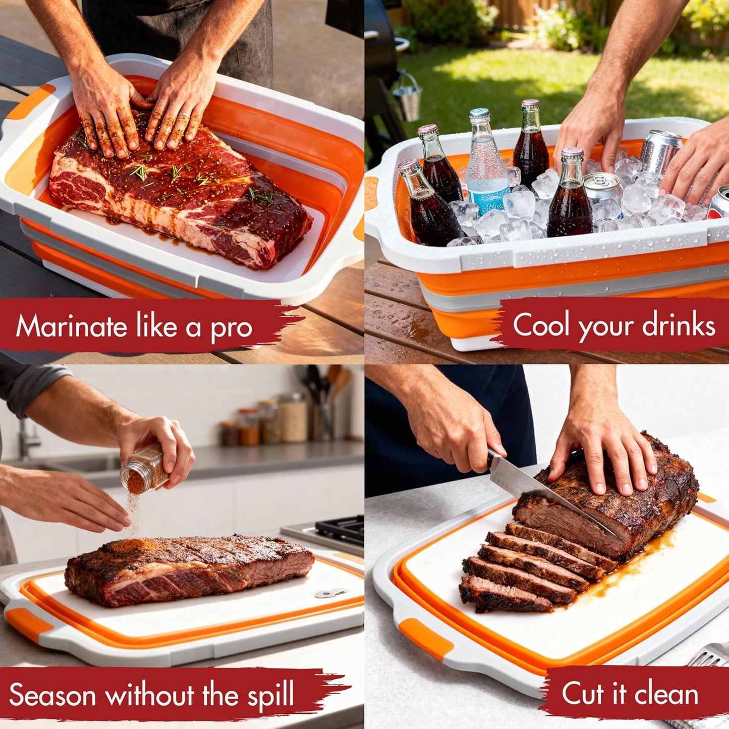 KITCHEN PERFECTION Collapsible XL Smoker & BBQ Prep Tub with Locking Lid & Cutting Board - Grill Caddy Container for Meat Marinating & Brine Perfect For Brisket, Turkey & Ribs - Best Gift For Men
