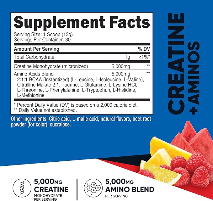 Nutricost Creatine + Aminos 30 Servings (Fruit Punch Flavored) - 5,000mg Creatine Monohydrate + 5000mg Amino BCAA Blend Per Serving