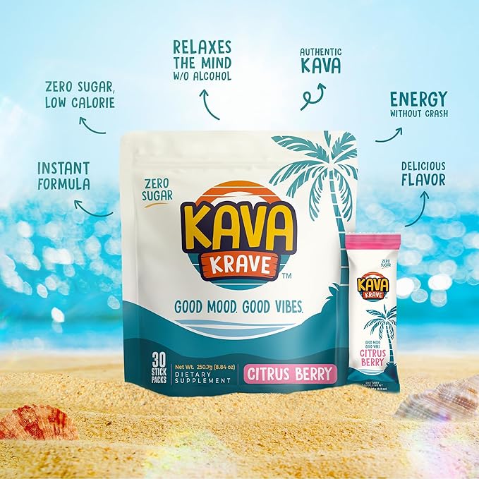 Citrus Berry Kava Drink Mix – 60 Pack for Natural Energy, Mood Support, Stress Relief & Nootropic Focus