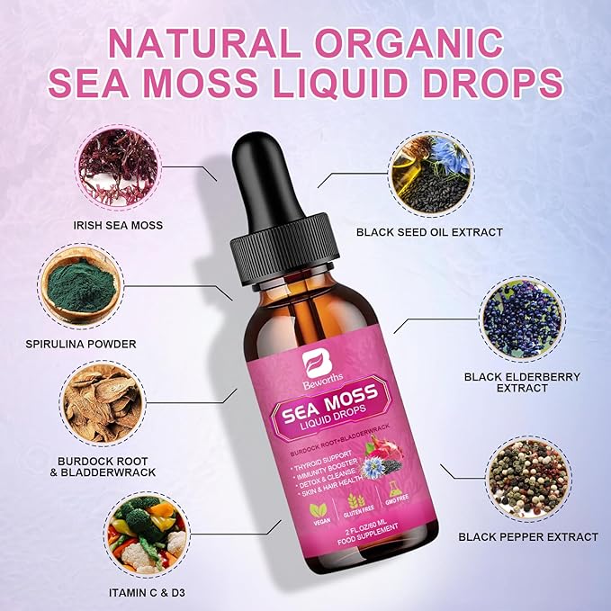 Sea Moss Liquid Drops - Black Seed Oil & Irish Sea Moss Gel with Burdock Root Bladderwrack, Elderberry, Spirulina, Seamoss Supplement for Energy Booster, Digestive Health - 4 Fl Oz, Vegan