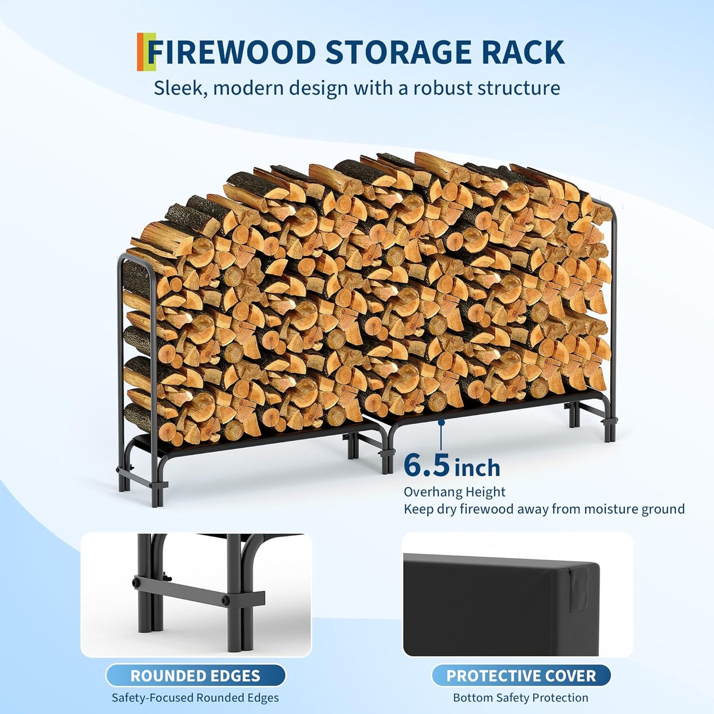 8FT Firewood Rack with Cover, Holders Firewood Outdoor Log Rack with Zipper, 8FT Heavy Duty Indoor Firewoods Storage Log Racks, Black Waterproof Oxford Fabric