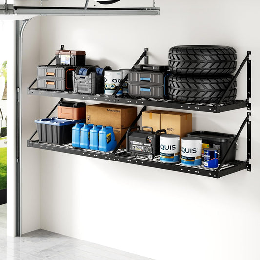 FLEXIMOUNTS 4-Pack 2x4ft Garage Wall Shelving - Heavy Duty Garage Storage System, 1320lbs Load Capacity with Brace Guardrail, Organization for Tools, Bins, Sports Equipment, Utility Room, Pro Series