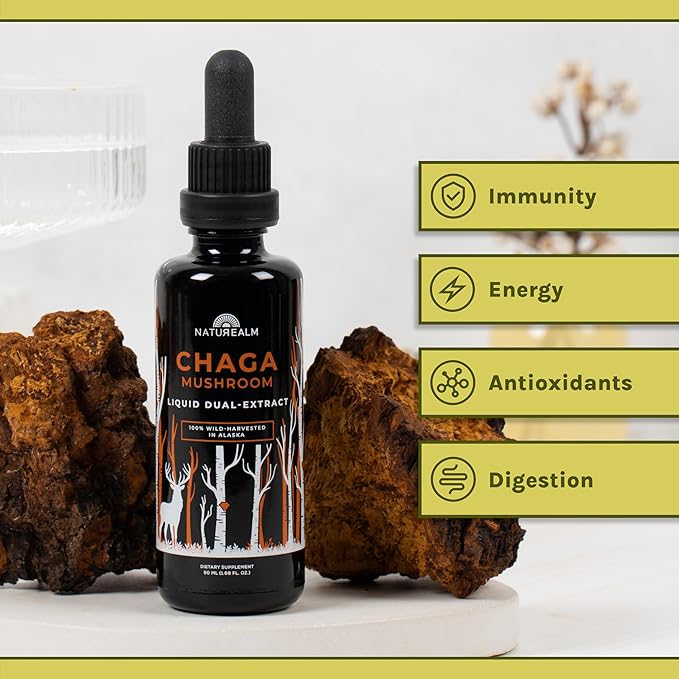 Naturealm Chaga Mushroom Liquid Tincture Supplement – Immune Support, Antioxidant Boost & Hair, Skin, Nail Health, Vegan, Non-GMO – Wild-Harvested Fruiting Bodies, 1 Month Supply