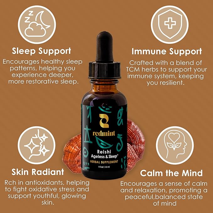Redmint Reishi Mushroom Herbal Tincture - Ageless & Sleep | Natural Mushroom Supplement with TCM Herbs Dong Quai, Schisandra for Restful Sleep, Immune Support, Relaxation,Skin Health| 1 fl oz
