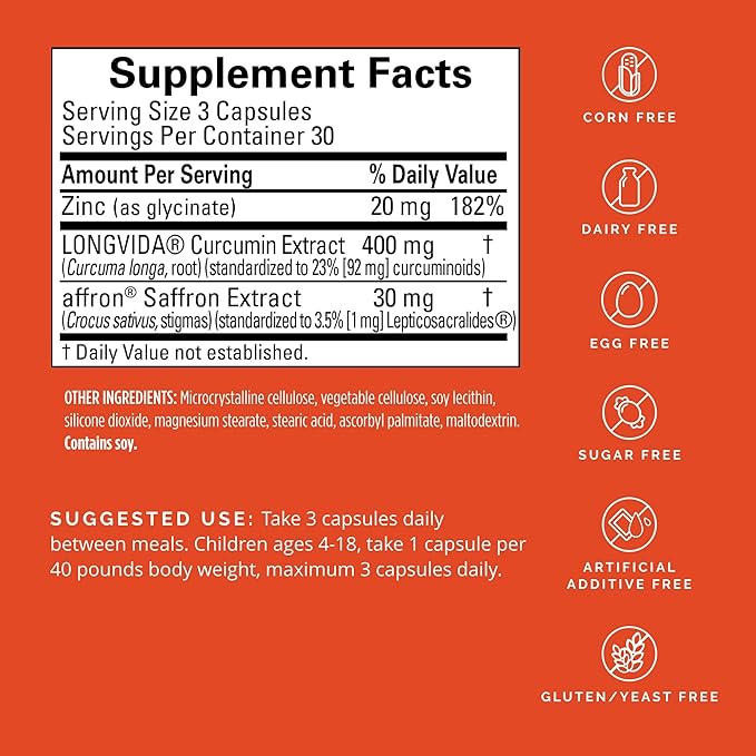 Dr Amen BrainMD Happy Saffron Plus - 90 Capsules - With Saffron Flower Extract, Curcumin & Zinc - Vegan, Gluten Free - 30 Servings