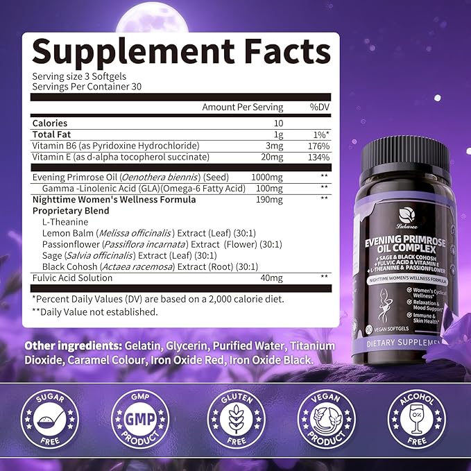 Evening Primrose Oil Complex for Women – Hormone Wellness with Cold-Pressed EPO, 10% GLA, Sage, Fulvic Acid, L-Theanine – Supports Cyclical Balance, Mood, Skin & Immune Health, 90 Softgels