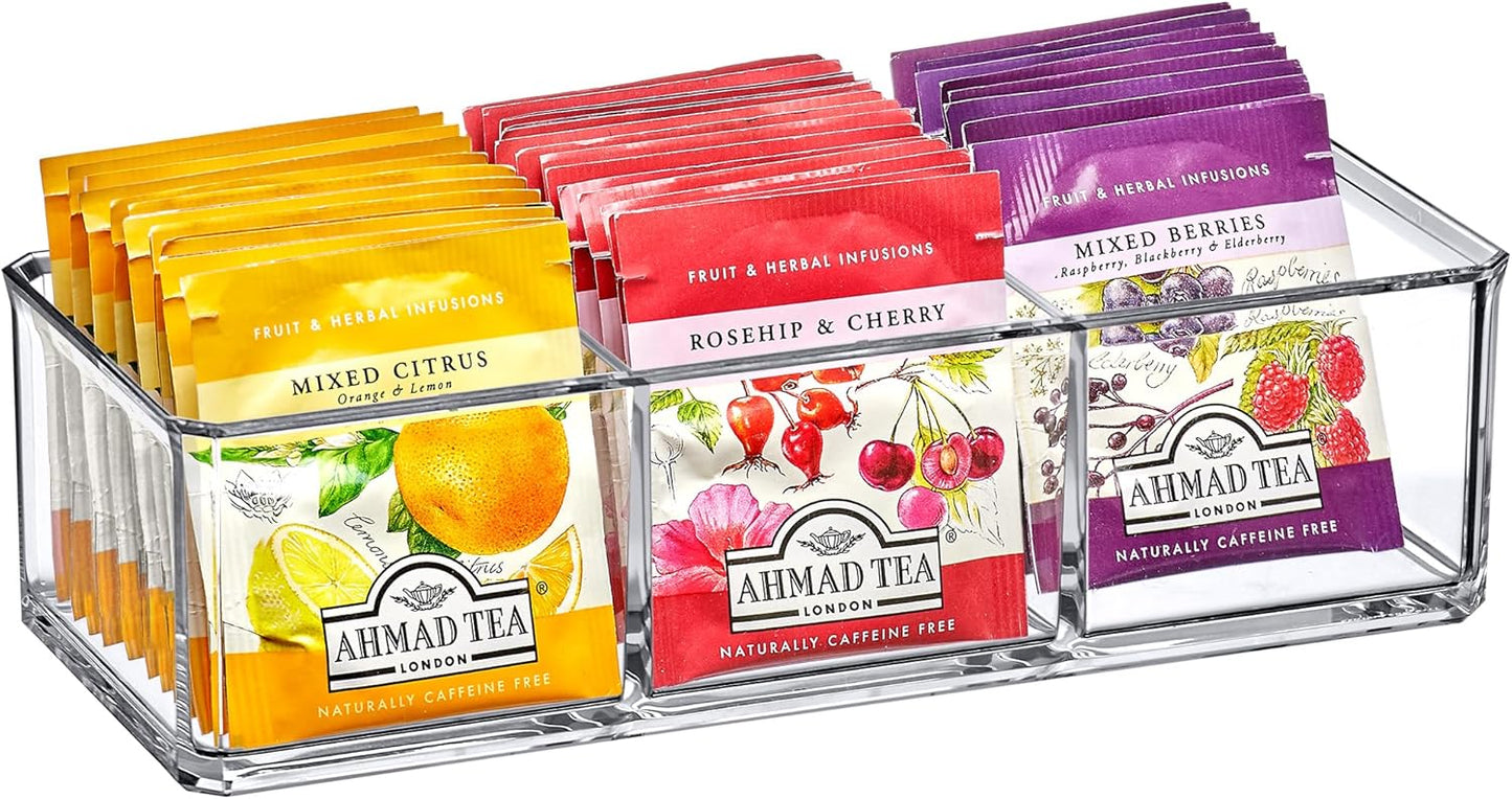Amazing Abby - SereniTEA - Acrylic 3-Compartment Tea Bag Organizer, Clear Plastic Tea Box, 3-Slot Tea Chest, Perfect Tea Storage Solution for Kitchen Cabinet, Countertop, Pantry, and More