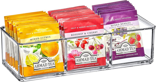 Amazing Abby - SereniTEA - Acrylic 3-Compartment Tea Bag Organizer, Clear Plastic Tea Box, 3-Slot Tea Chest, Perfect Tea Storage Solution for Kitchen Cabinet, Countertop, Pantry, and More