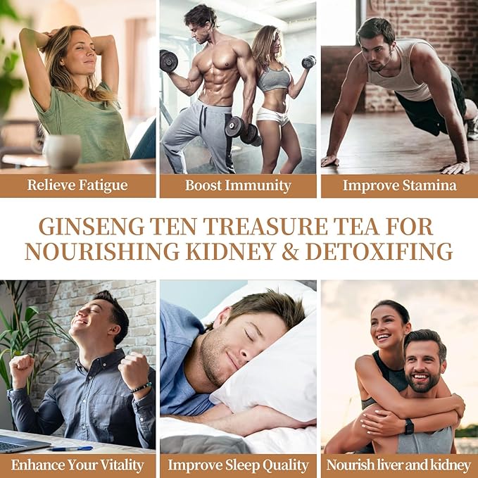 25Pcs Ginseng Ten Treasures Tea, Chinese Traditional Kidney Care Herbal Tea, Natural Kidney Cleanse Detox Tea for Women & Men, 10 Precious Ingredients Formula(25Bags, 300g)