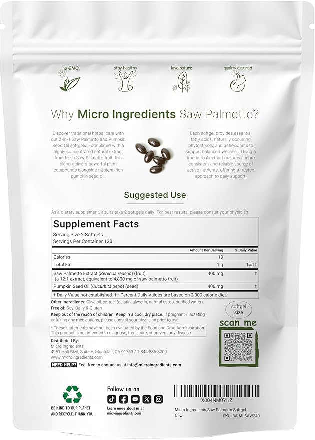 Saw Palmetto 4,800mg Equivalent with Pumpkin Seed Oil, 240 Softgels | Cold Pressed Extract | Essential Fatty Acids & Phytosterols | Duo Action Support for Hair, Urinary, Bladder, & Prostate Health