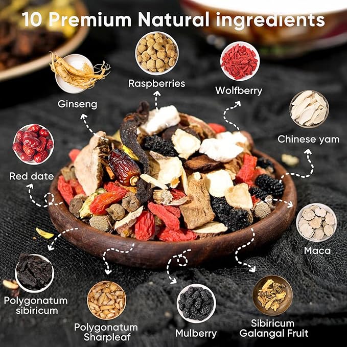Kidney Tea Formula Ginseng Six Treasure Tea, 10 Precious Ingredients Formula, 260g/Box Ginseng Five Treasure Teabag, Chinese Herbal Teas Support Kidney and Live Health for Men Women (20 bags/2Box)