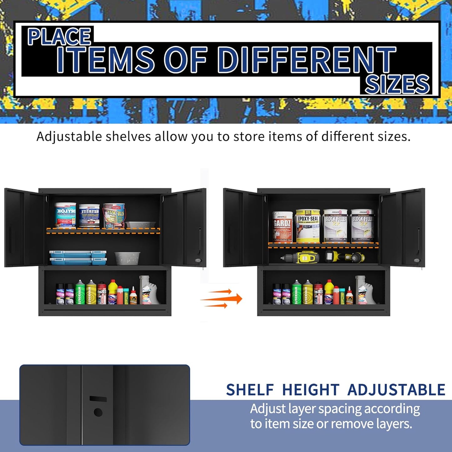 Metal Wall Cabinet, Garage Wall Cabinet with Adjustable Shelf for Garage, Tool Room, Kitchen, Assembly Required(Black)