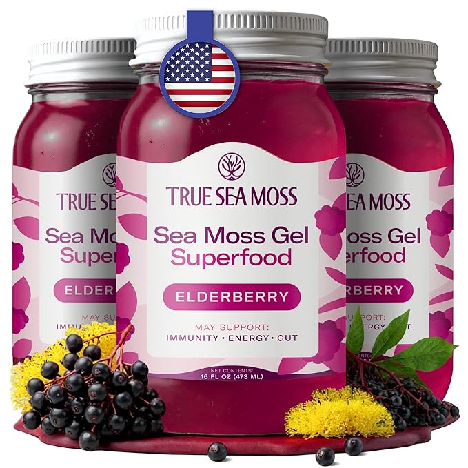 Sea Moss Gel – Made in USA – Wildcrafted Seamoss, Fresh Fruits & Sea Vegetables – Elderberry, Pack of 3 (Labels may Vary)