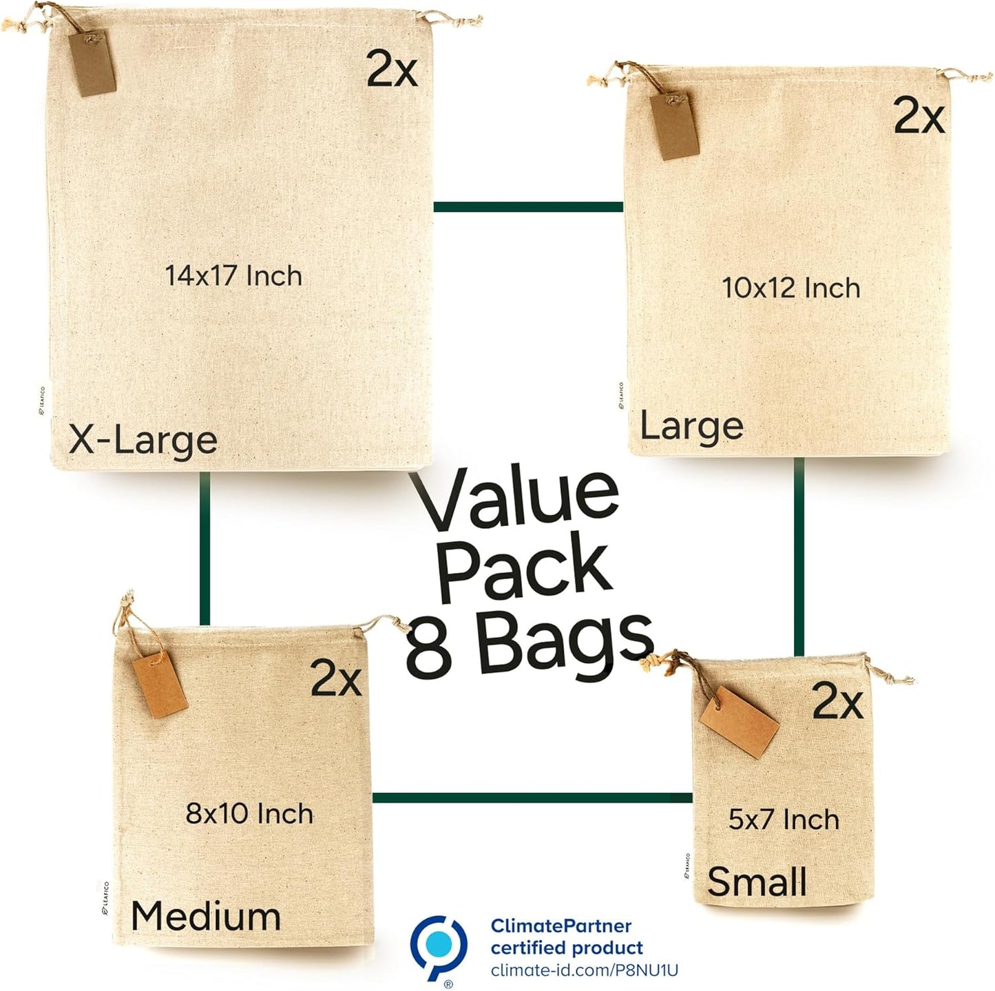 LEAFICO Muslin Cloth Bags with Drawstrings - Set of 8 (S, M, L, XL) - Reusable Natural Cotton Bags for Bulk Food Storage - Canvas Fabric Sachets