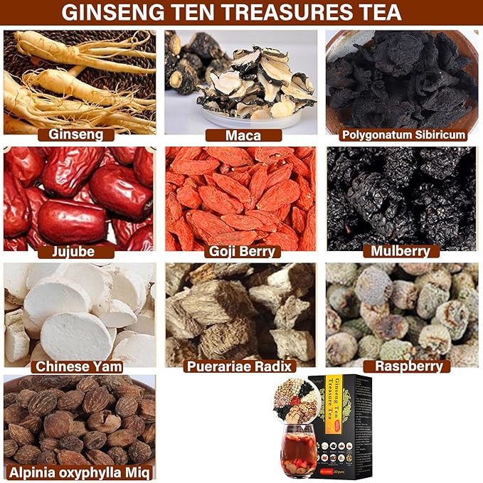 20 Pack Ginseng Ten Treasures Tea, Chinese Herbal Kidney Detox Tea for Men & Women, 10 Precious Ingredients Formula (2 Boxes,20 bags)