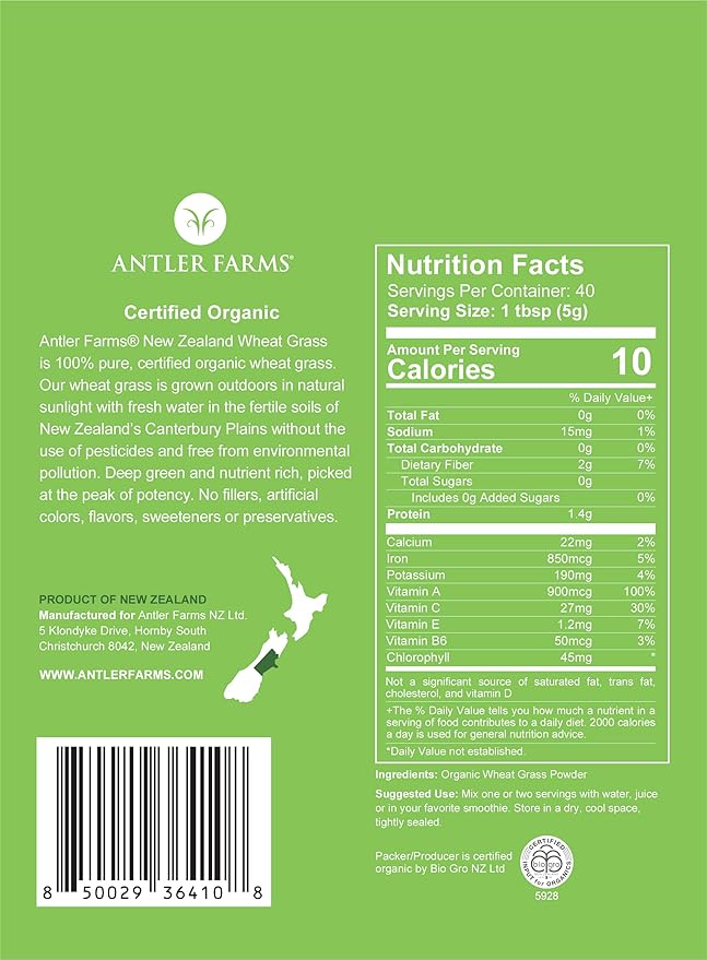 Antler Farms - 100% Pure, Organic, New Zealand Wheatgrass Powder, 40 Servings, 200g - Raw, Vegan, Gluten Free, Nutrient Rich, High Chlorophyll Wheat Grass, Detox, Essential Amino Acids, Minerals