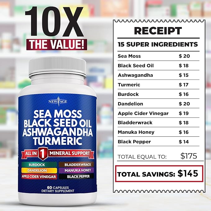 NEW AGE Sea Moss Capsules Black Seed Oil Ashwagandha Turmeric Bladderwrack Burdock - with Manuka, Honey Dandelion, ACV Black Pepper Gluten Free