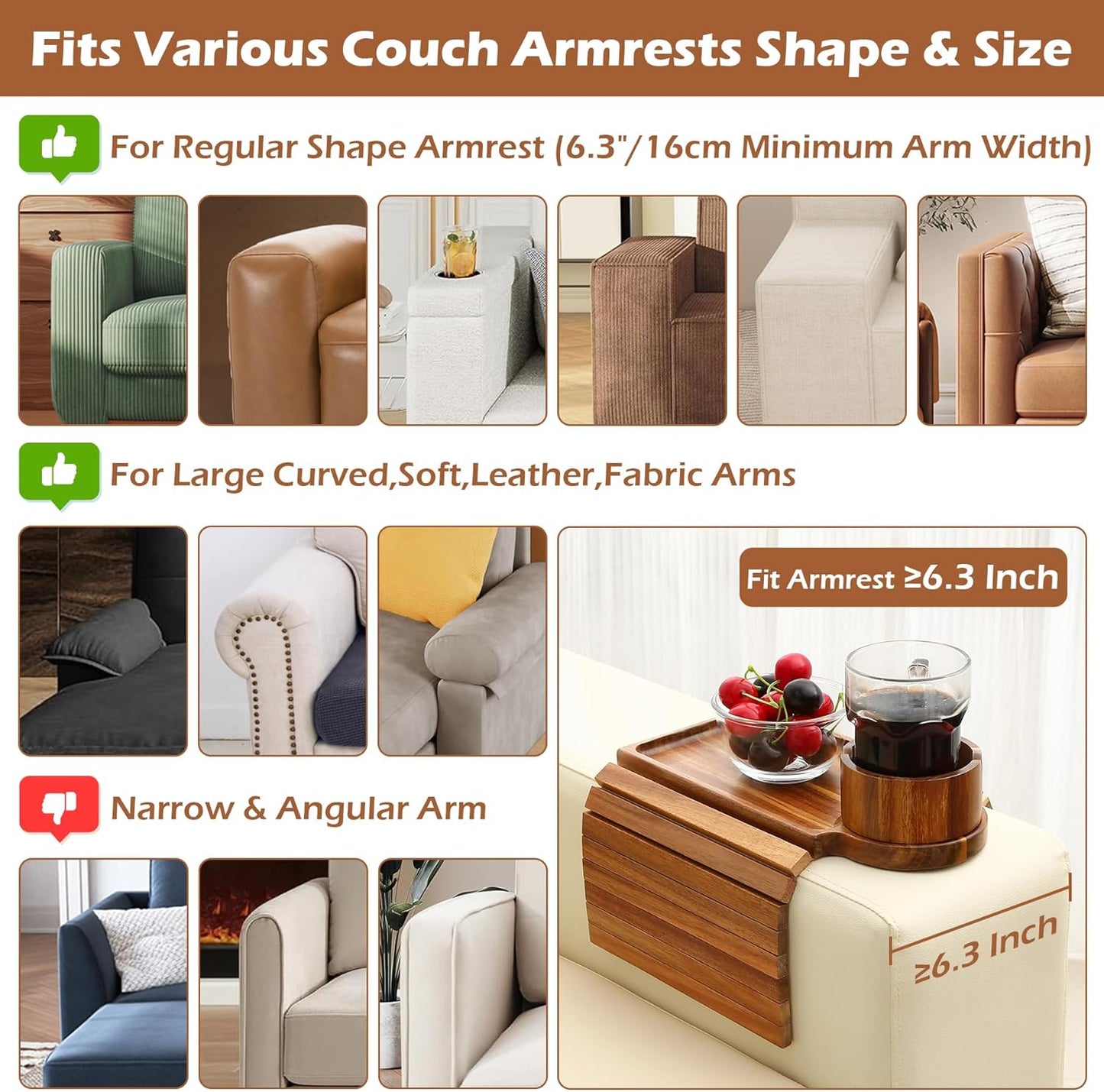 Couch Cup Holder Tray, Acacia Wood Couch Armrest Table with 360° Ratated Phone Holder, 18.99" Flodable Anti-Slip Sofa Armrest Tray Tables for Snacks Remote Storage