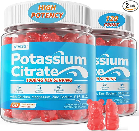 Potassium Citrate 1000mg Gummies, Potassium Magnesium Supplement + Calcium, Zinc, Sodium, Vitamin B6, B12, Support Leg Cramps, Electrolyte Balance, Body Performance, Energy Boost, Sugar Free, 120 Cts