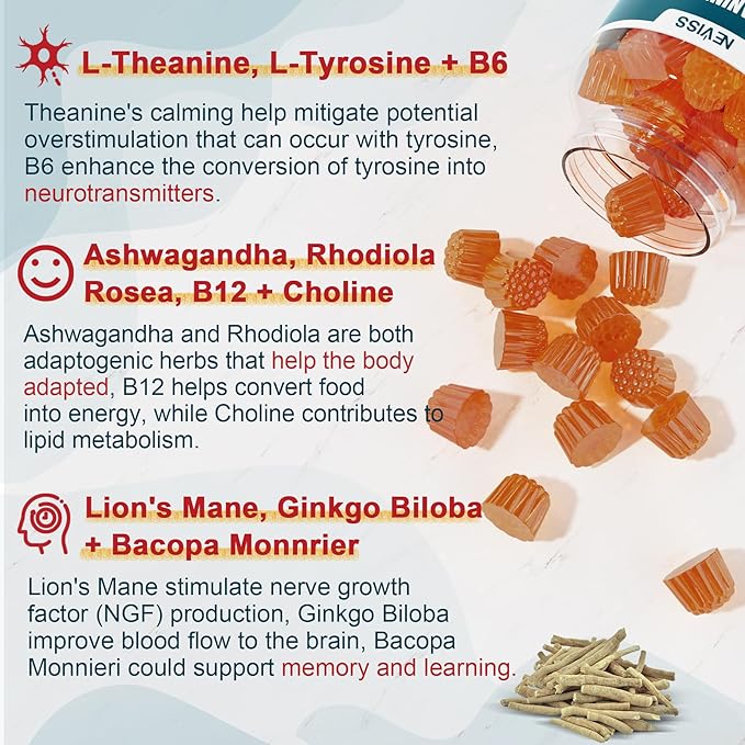 Sugar Free L-Tyrosine Gummies 300mg L-Theanine 200mg Vitamin B6 100mg & B12 500mcg, Brain Health Herbs 300mg w/Ginkgo Biloba, Rhodiola Rosea, Lion's Mane Mushroom for Sustained Focus & Energy, 1Pack