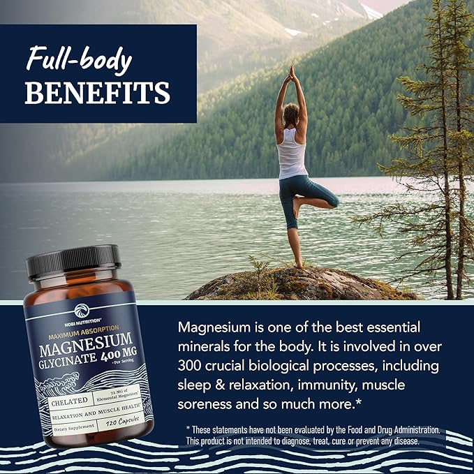Magnesium Glycinate 400mg | High Absorption Formula for Sleep, Calm, Muscle Relaxation, Heart, Bone & Nerve Support for Women & Men | Chelated Magnesium Glycinate Supplement | 120 Ct (2 Month Supply)