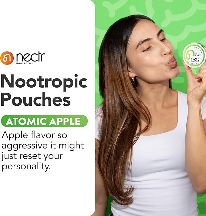 Nectr Energy Nootropic Pouches – Atomic Apple Flavored, Caffeine Pouches with Cognizin® Citicoline. Sugar-Free Brain Treats. Smooth, Sustained Focus & Energy Supplement - 5 Pucks of 16pcs